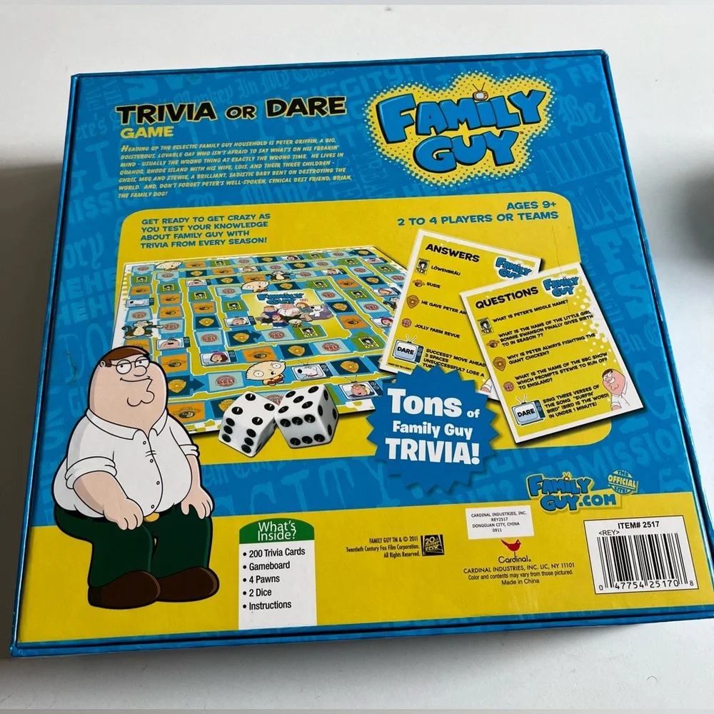 Family Guy TV Trivia or Dare Board Game 2011 Cardinal 2-4 players or teams rare